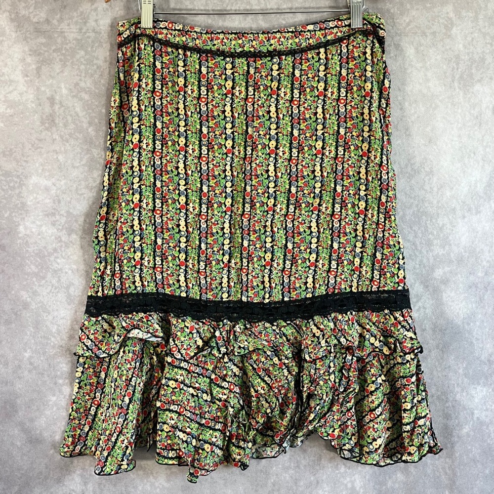 Free People Skirt Womens 12 Multicolor Floral Stripe Lace Trim Ruffle Rayon Boho